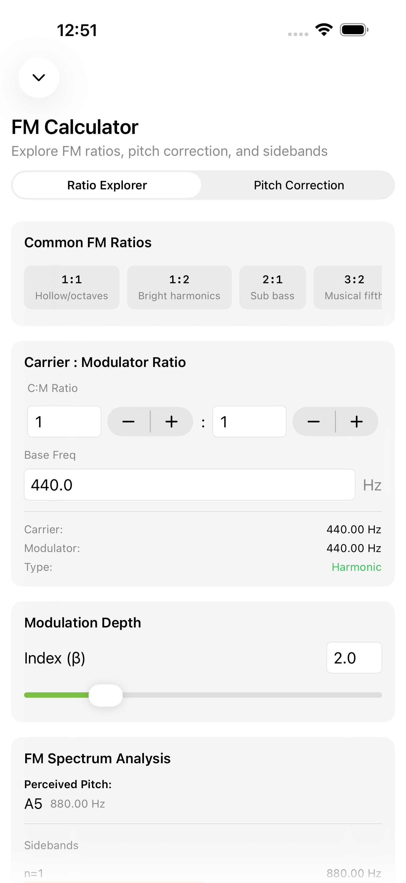 FM calculator screen on iPhone